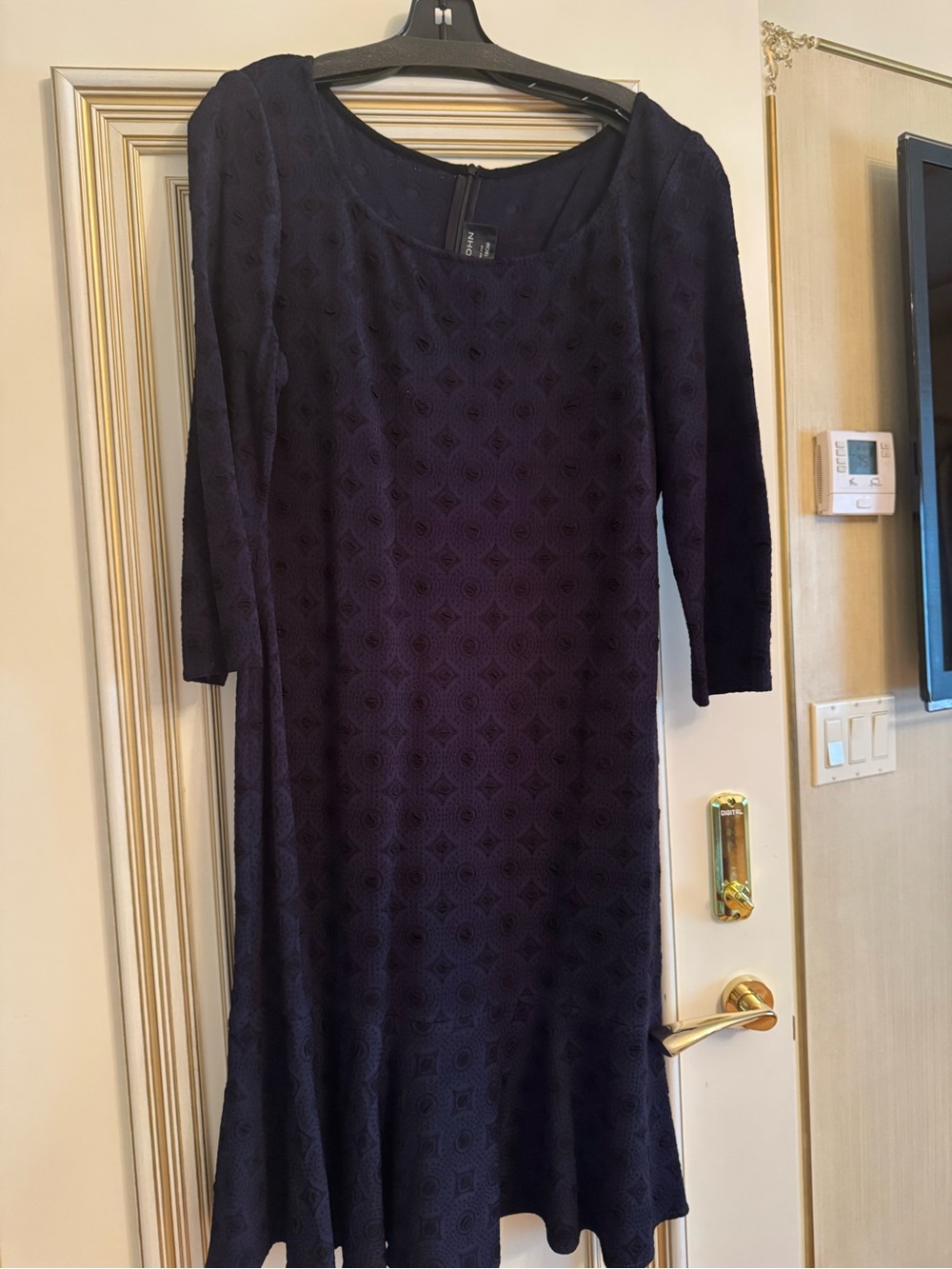St. John Navy Textured Scoop Neck Midi Dress with 3/4 Sleeves